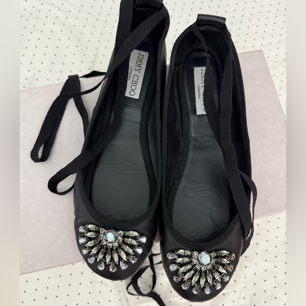 👸🏻HP👸🏻 Jimmy Choo Black Embellished Flats with Ribbon Ties, size 37.5